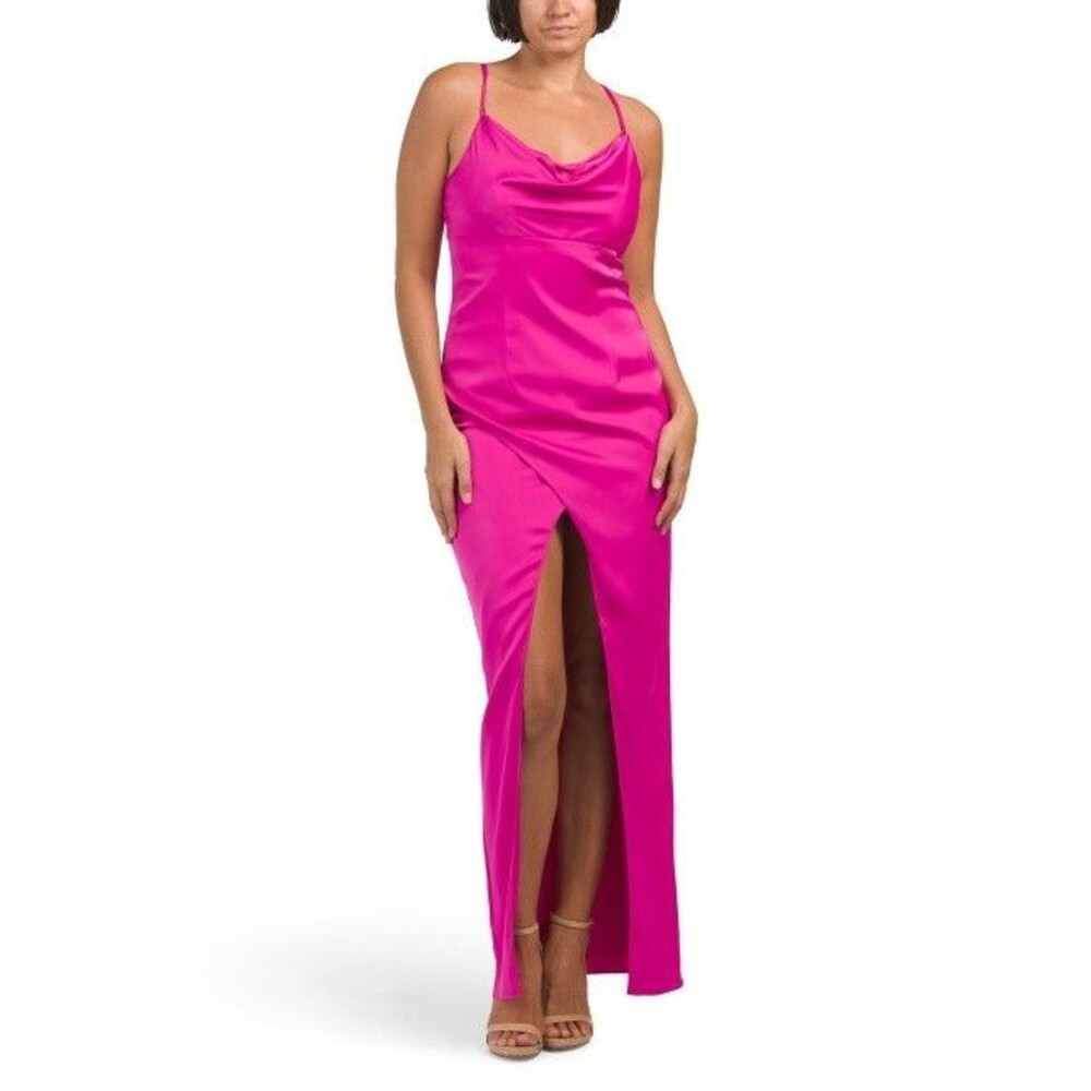 Aidan Mattox womens Cowl Neck Long Column Gown size 8 Pink Flame Satin Knit $220